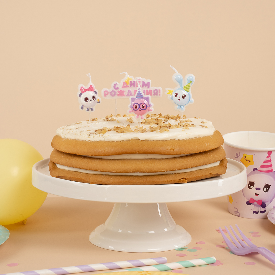 Свечи Малышарики, С Днем Рождения!, 6,2 + 4 см, 4 шт. с держат.